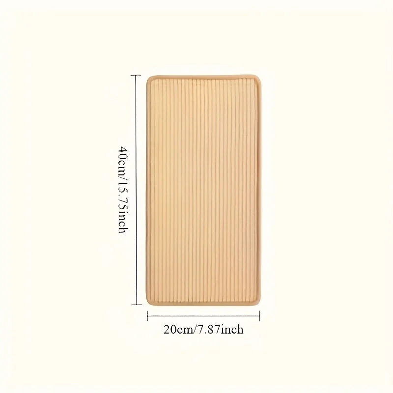 A rectangular beige sisal cat scratching post with vertical grooves.