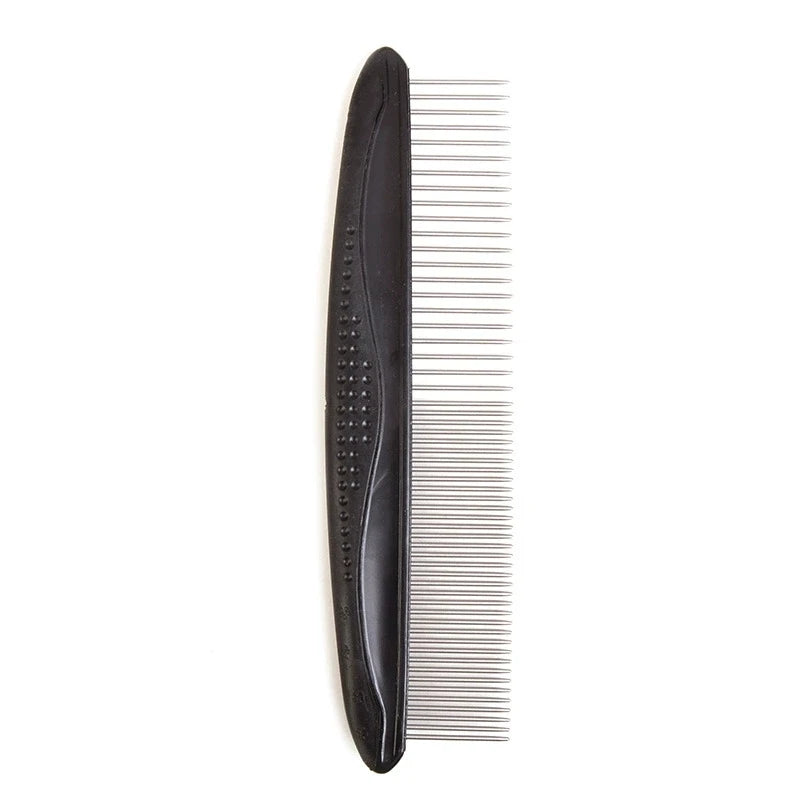 A black stainless steel pet grooming comb with fine teeth.