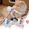 A fluffy orange cat wearing a white ruffled collar and pink harness with a matching leash set.