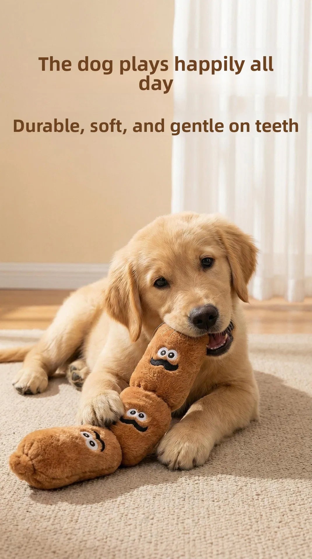 A golden retriever puppy is lying down, playing with a brown squeaky dog chew toy.