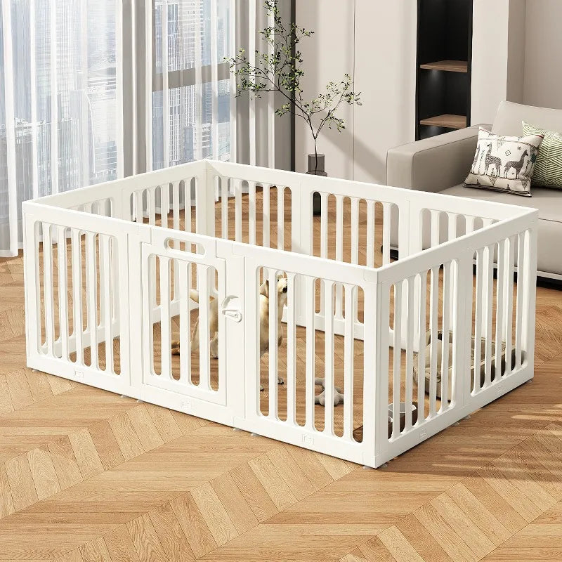 A white heavy duty pet fence cage with suction cups is shown on a wooden floor.