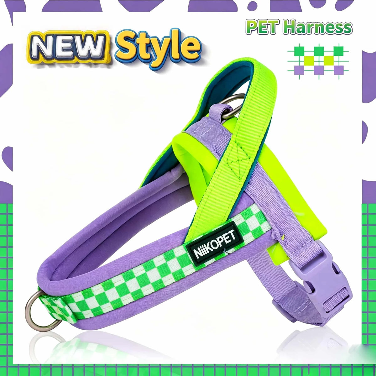 Harnais pour chien jaune néon et violet de nouveau style, montré sur fond vert.