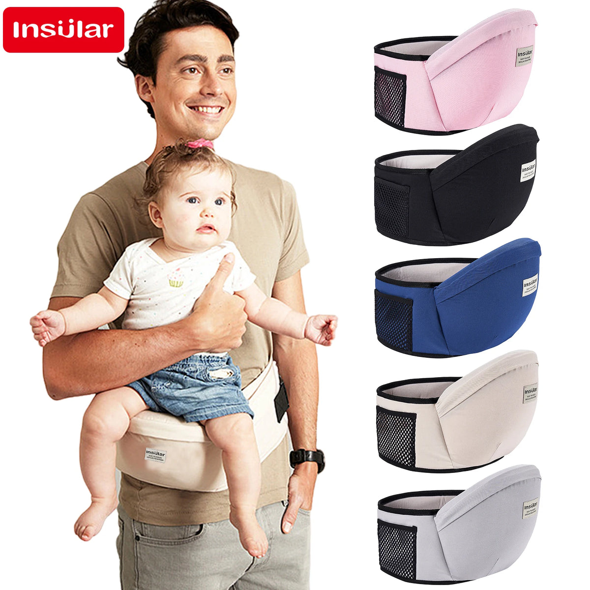 Ein Mann hält ein Baby in einem Insular-verstellbaren Babytragetuch (Hip Seat Sling).