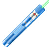 A blue laser pointer with a green beam, designed for cats and presentations.