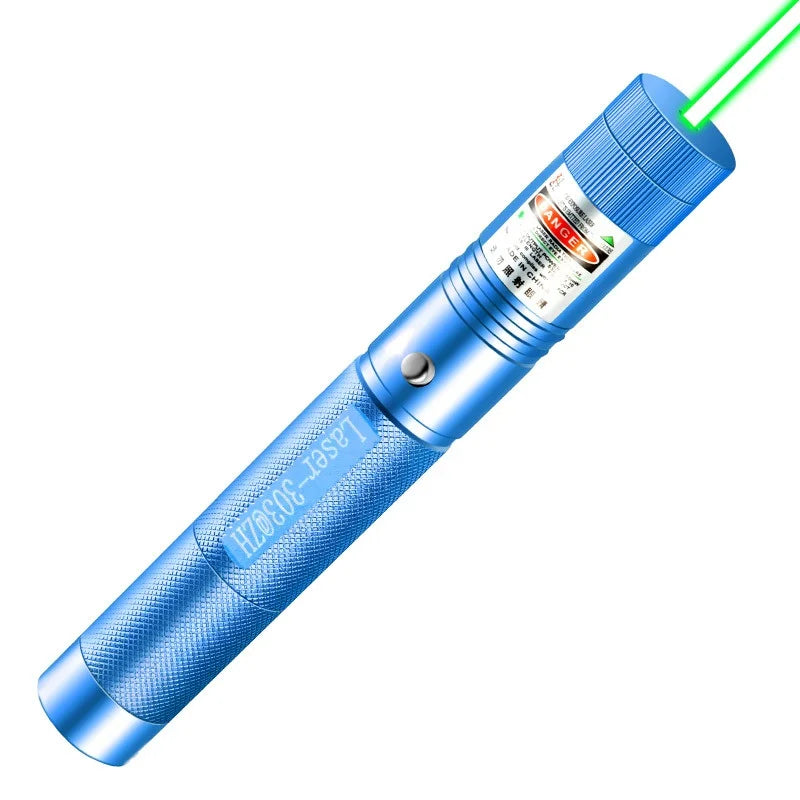 A blue laser pointer with a green beam, designed for cats and presentations.