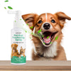 A dog is shown with a spray bottle of Pet Oral Freshening Spray in an ice cream flavor, spraying green leaves.