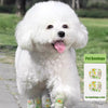 A fluffy white dog is walking on pavement, with a pet bandage product shown in the corner.