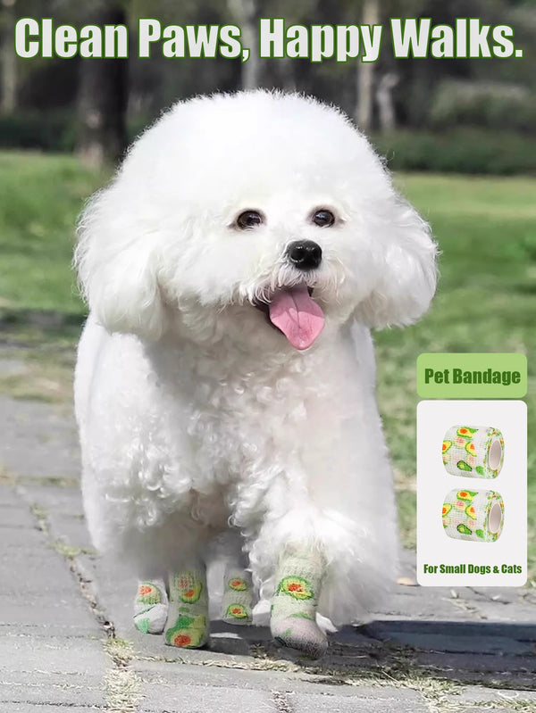 A fluffy white dog is walking on pavement, with a pet bandage product shown in the corner.
