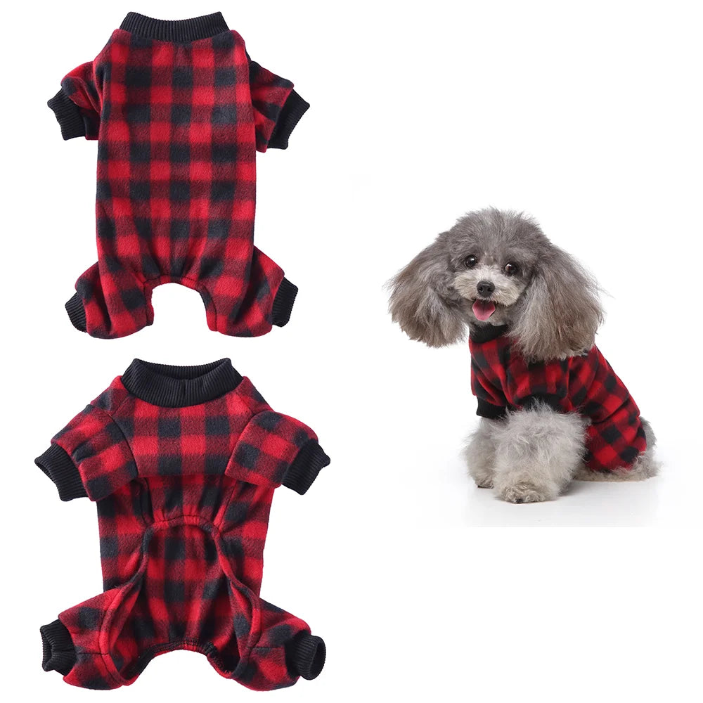 A red and black plaid cozy winter outfit for a small dog, shown in a full-body view.
