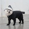 Un petit chien blanc portant un imperméable noir et brillant, debout sur une surface mouillée.