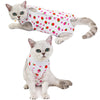 A fluffy gray cat wearing a white vest patterned with red strawberries.
