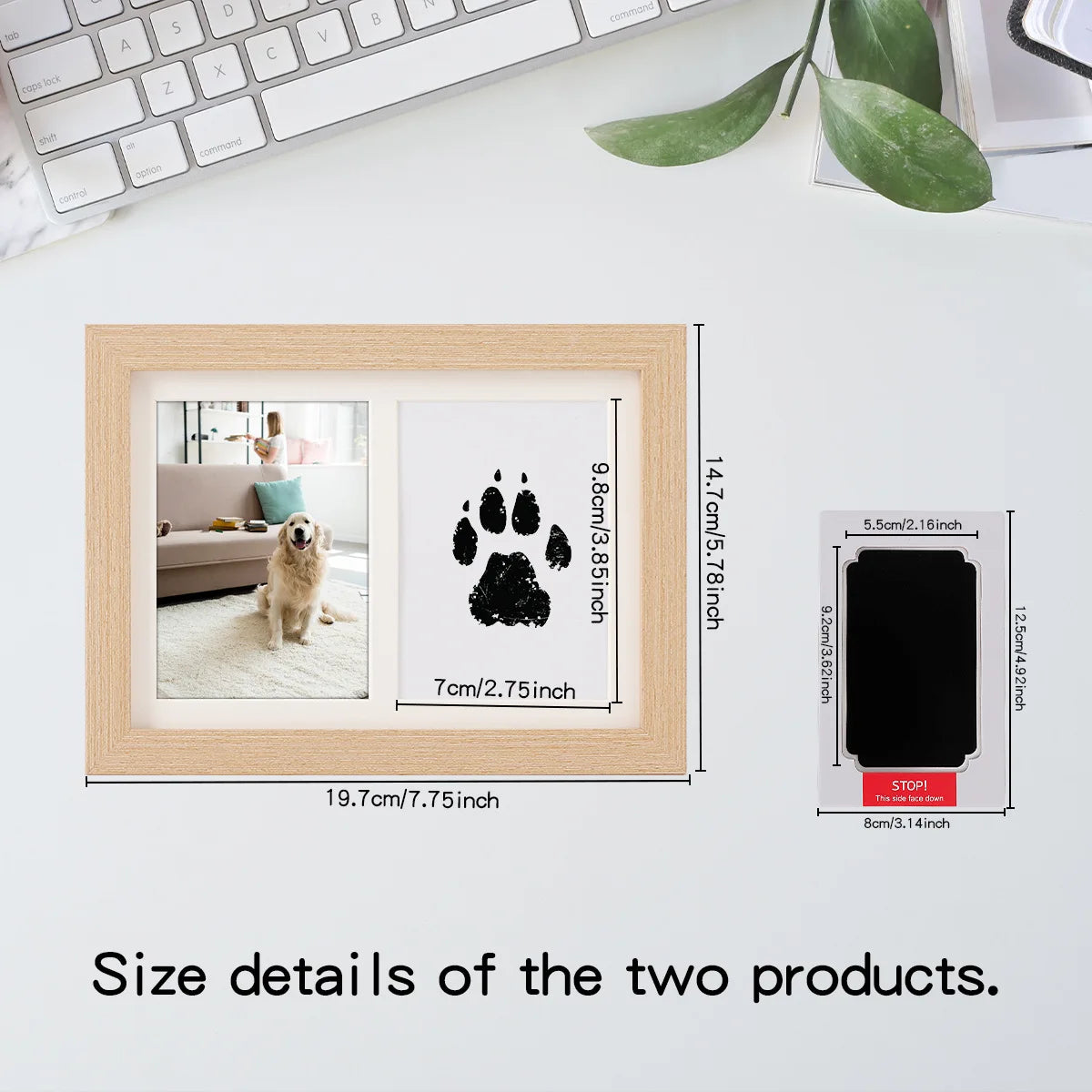 A wooden frame displaying two pet footprints, one showing a dog and the other a cat, used for memorial purposes.