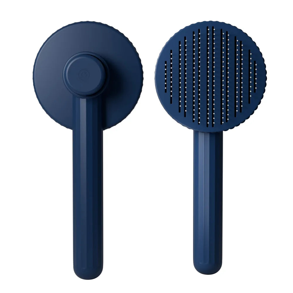A pair of blue pet hair removal brushes for cats and dogs, showing the handle and bristles.