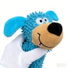 A hand is holding a blue plush dog squeaky toy with large ears and a black nose.