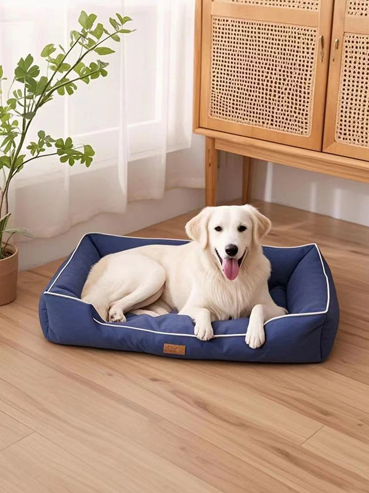 A light-colored dog is lying on a blue orthopedic dog bed indoors next to a wooden cabinet.