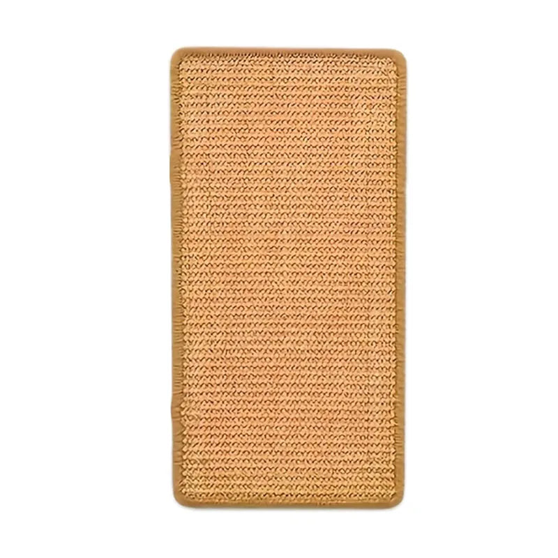A rectangular sisal cat scratching post in a natural tan color.