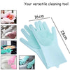 A set of light blue silicone pet grooming gloves for dogs and cats used for bathing and hair removal.