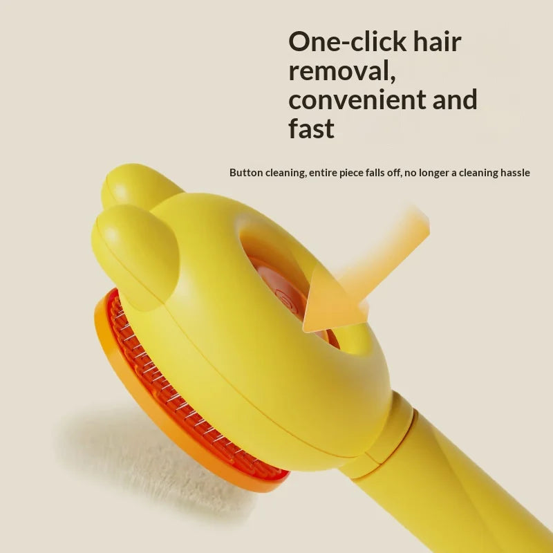 A yellow pet deshedding brush is shown in use, demonstrating a one-click hair removal feature.