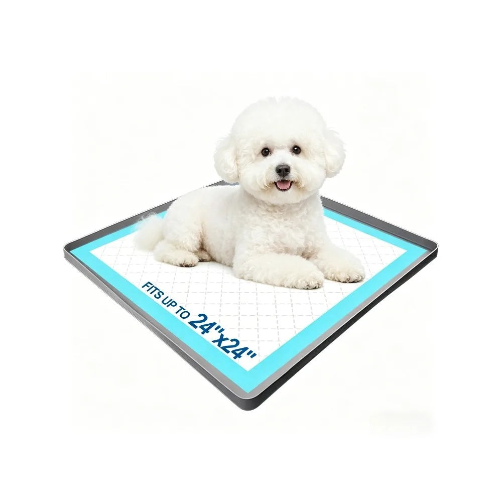 A fluffy white dog lies on a square silicone pad designed for indoor training.