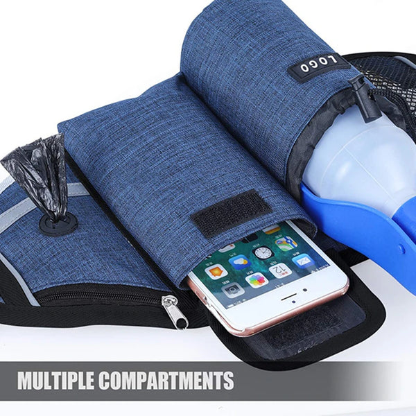 A blue fabric dog walking belt with multiple compartments and storage pockets for leash and water bottle.
