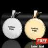 A pair of custom logo pendants, one silver and one gold finish, displayed against a black background.