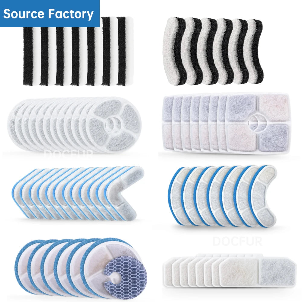 Various replacement filters for pet water fountains shown in different colors and shapes