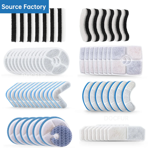 Various replacement filters for pet water fountains shown in different colors and shapes