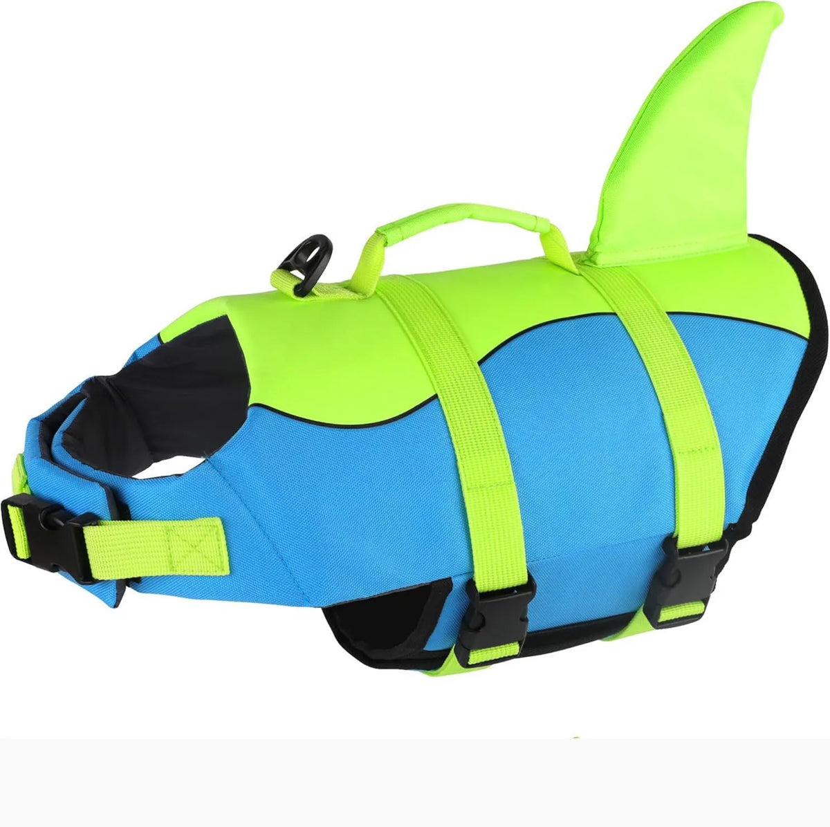 Neon yellow and blue dog life jacket designed for swimming