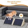 Solid wood pet stairs with non-slip steps placed outdoors next to a dog.
