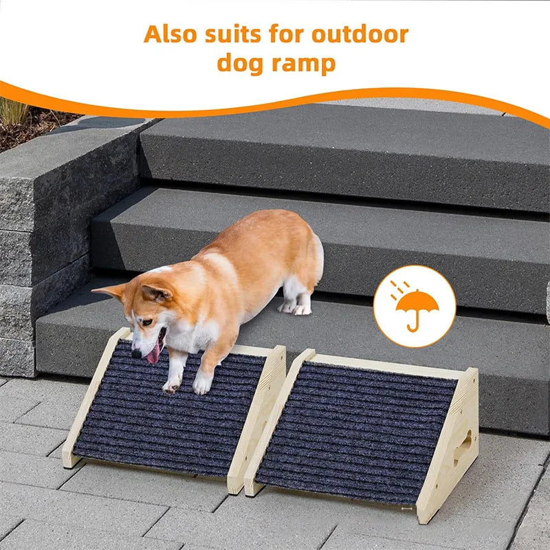 Solid wood pet stairs with non-slip steps placed outdoors next to a dog.
