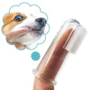 A hand is holding a clear silicone finger toothbrush for dogs, demonstrating gentle dental care.