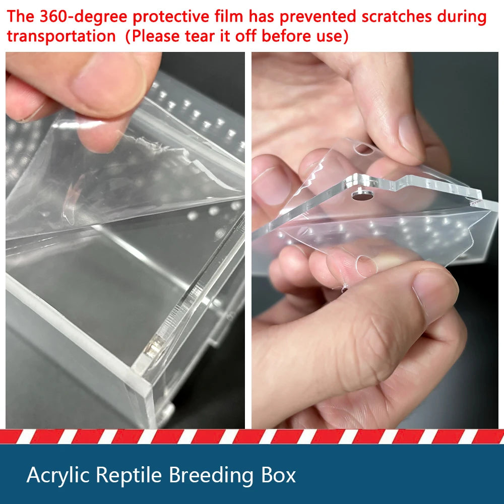 Una mano está quitando una película protectora de 360 grados de una caja de cría de reptiles de acrílico.
