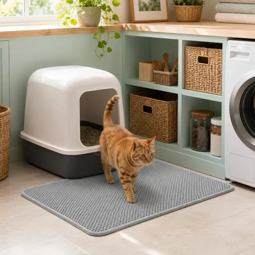 An orange tabby cat walks on a gray honeycomb texture litter mat in a light green kitchen area.