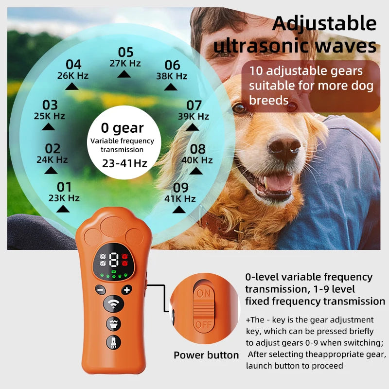 Orange ultrasonic device for dog training featuring adjustable gears and variable frequency transmission