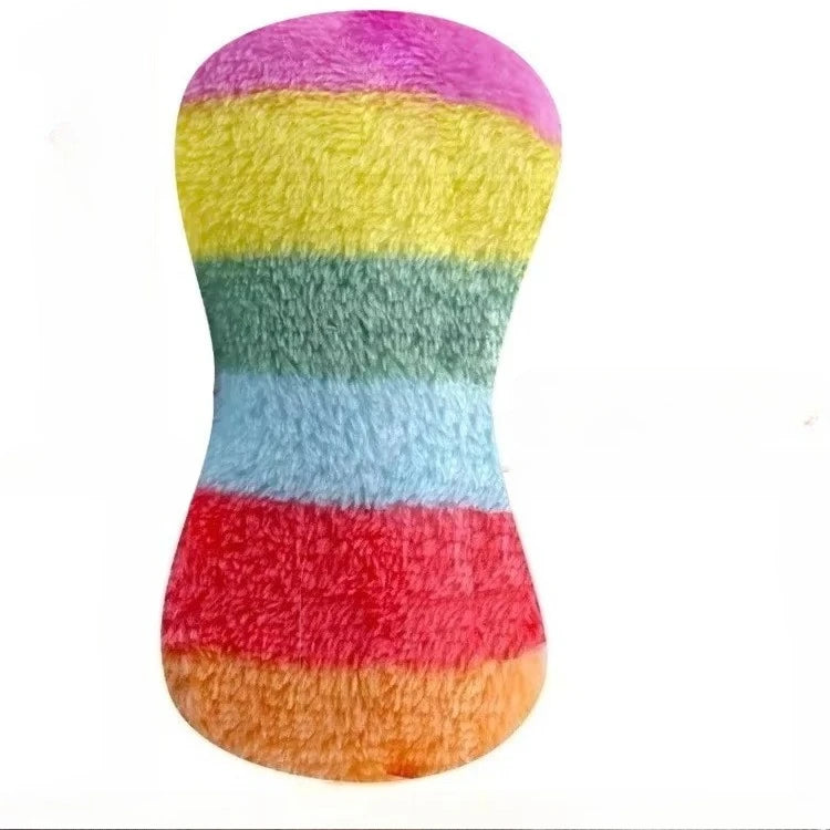 A colorful striped corduroy squeaky dog toy featuring pink, yellow, green, blue, and red stripes.