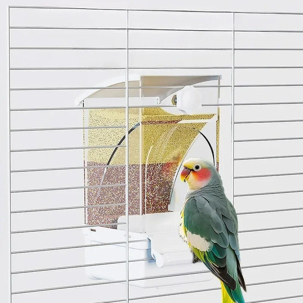 A green and yellow parrot is perched on a white automatic feeder designed for husk separation.