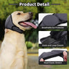 A light-colored dog is wearing a black breathable ear protector with a hook-and-loop closure and head elastic stretch.