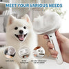 A white pet grooming steam brush spray comb is shown next to a fluffy dog, demonstrating its anti-static and odor eliminating