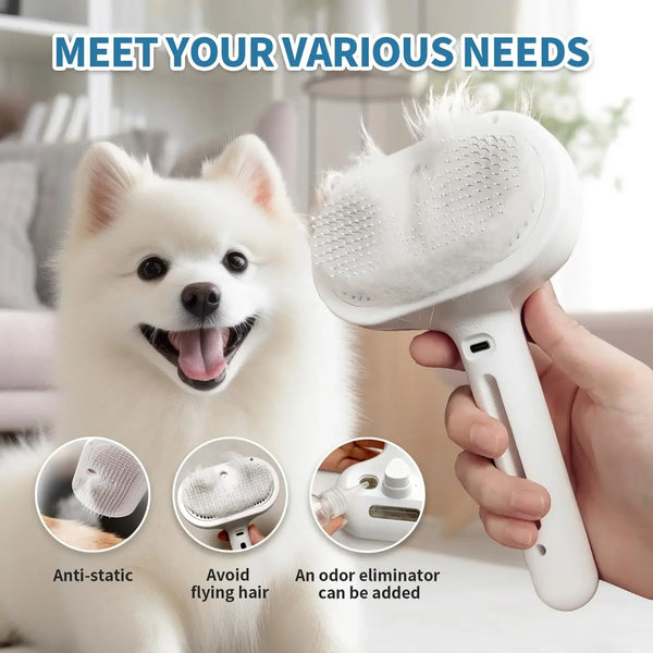 A white pet grooming steam brush spray comb is shown next to a fluffy dog, demonstrating its anti-static and odor eliminating