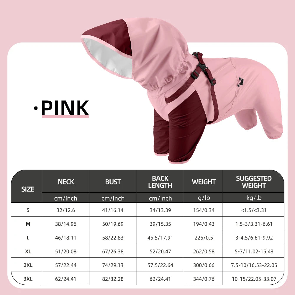 Impermeable rosa de doble capa para mascota con arnés, vista de plano