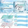 A clear ice cube shows a gray evaporative cooling vest designed for dogs, highlighting triple heatstroke cooling technology.