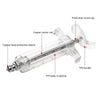 Diagram showing the components of a stainless steel bird feeding syringe including a copper center rod, protective sleeve, an