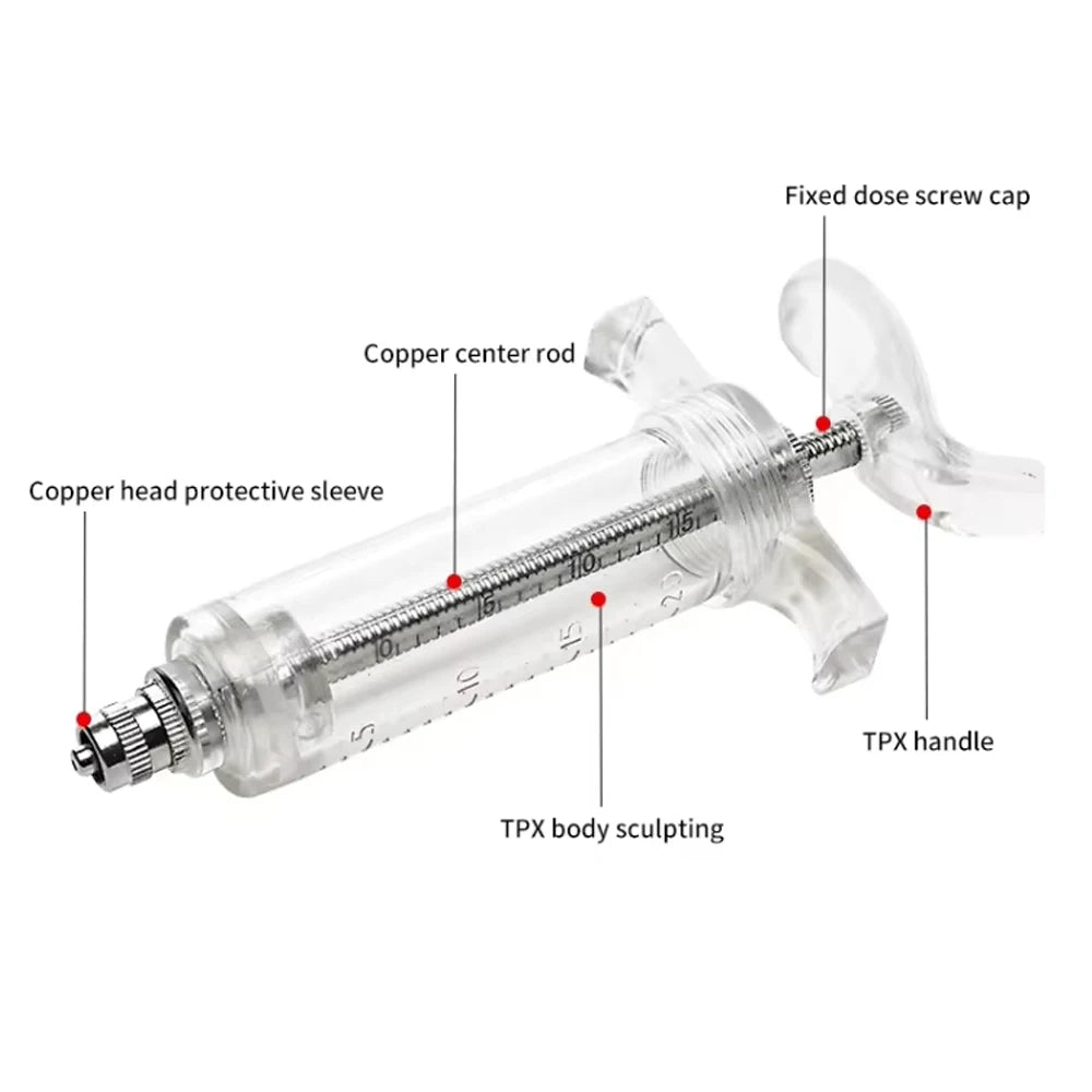Diagram showing the components of a stainless steel bird feeding syringe including a copper center rod, protective sleeve, an