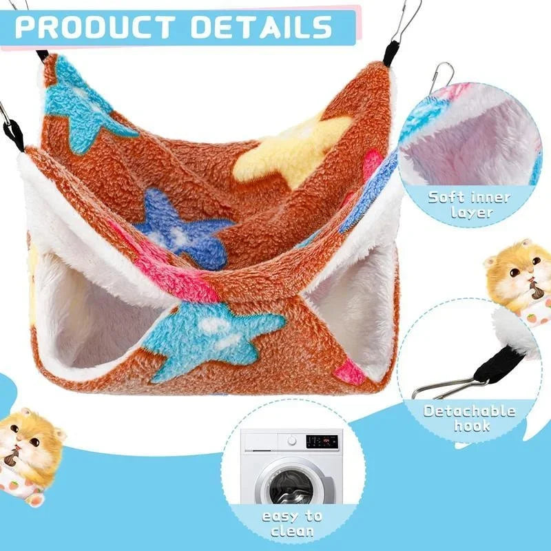 A cozy double-layer fleece hammock for small pets shown with various components like a detachable hook and a washing machine.