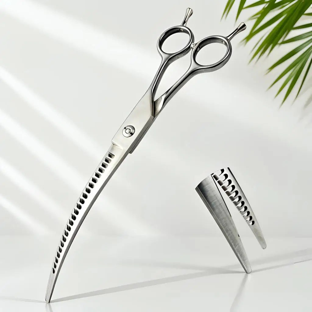 Silberne gekrümmte Haarschere mit gezahnten Klingen vor hellem Hintergrund