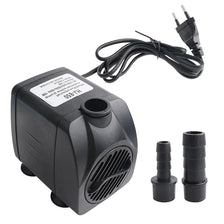 A black submersible water pump with a cord and fittings is shown on a white background.