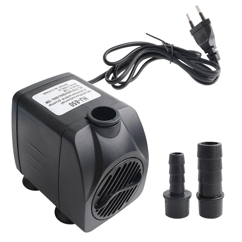 A black submersible water pump with a cord and fittings is shown on a white background.