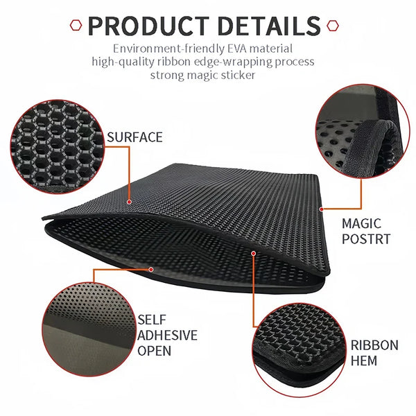 Close-up view of a black double-layer waterproof cat litter mat showing the surface, magic postrit, and ribbon hem.