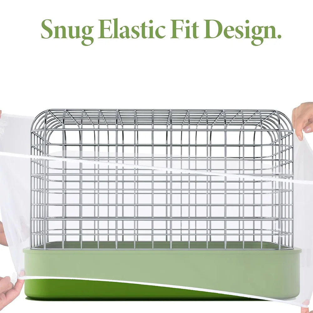 A silver wire bird cage with a green base and elastic fit design shown against a white background.