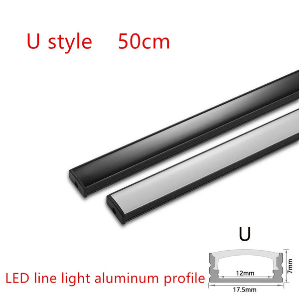 Black and silver U style LED line light aluminum profile, 50cm long.
